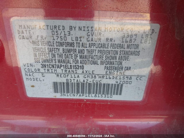 Nissan Versa 1.6 S+ 2014 3N1CN7AP1EL815310 Image 9