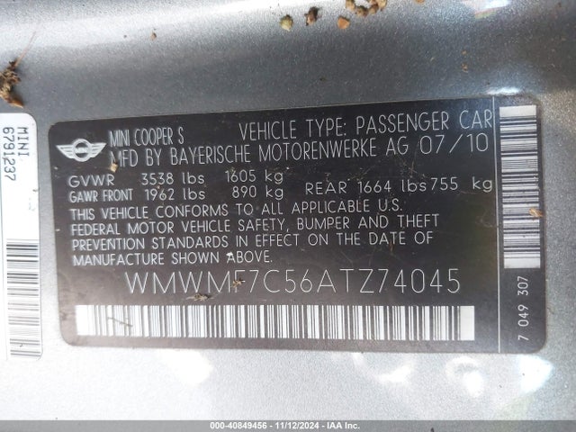 2010 MINI COOPER S WMWMF7C56ATZ74045 Photo 8