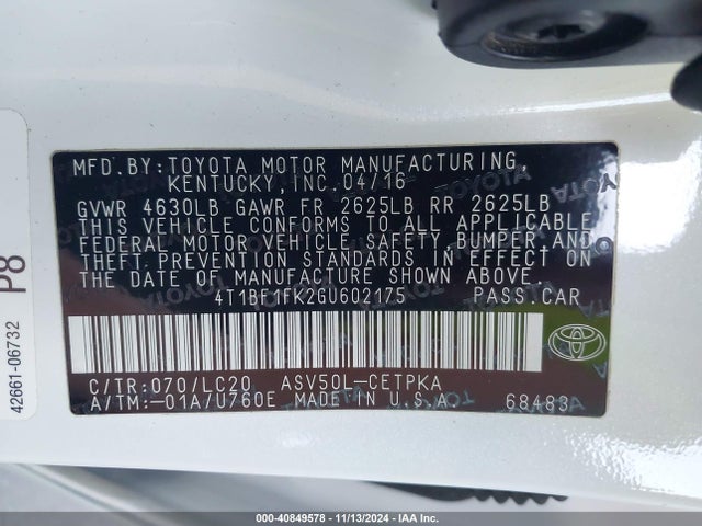 Toyota CAMRY XSE 2016 4T1BF1FK2GU602175 Image 9