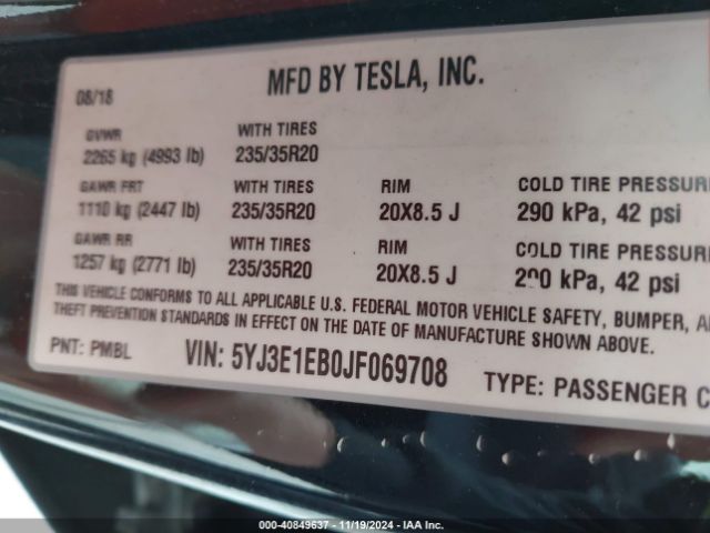 5YJ3E1EB0JF069708 Tesla Model 3 Long Range/performance