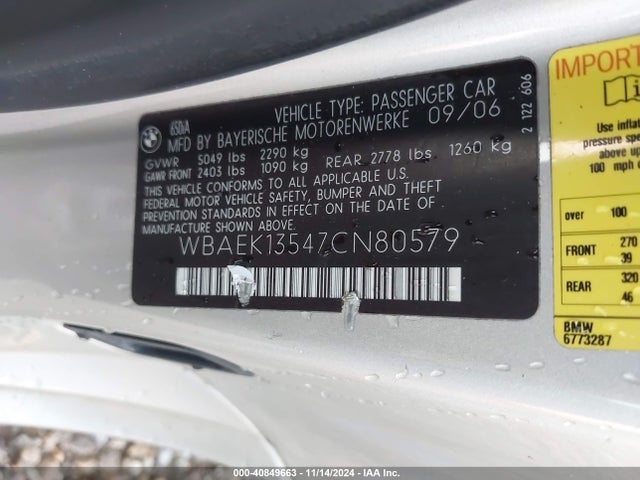 Aukcja sprzedaży 2007 Bmw 650i, vin: WBAEK13547CN80579, numer aukcji: 40849663