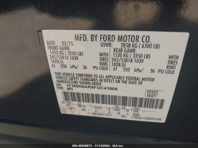 1FM5K8AR9FGC41868 Ford Utility Police Interceptor