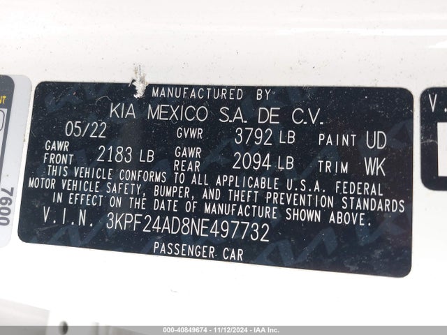 3KPF24AD8NE497732 KIA FORTE FE