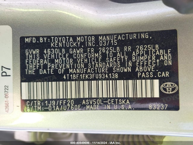 Toyota CAMRY SE 2015 4T1BF1FK3FU934138 Image 9