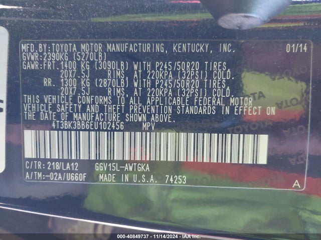 Toyota Venza Limited V6 2014 4T3BK3BB6EU102456 Image 9