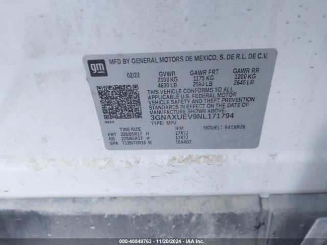 3GNAXUEV9NL171794 Chevrolet Equinox Awd Lt