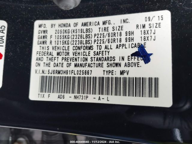 5J6RM3H91FL025667 Honda Cr-v Touring