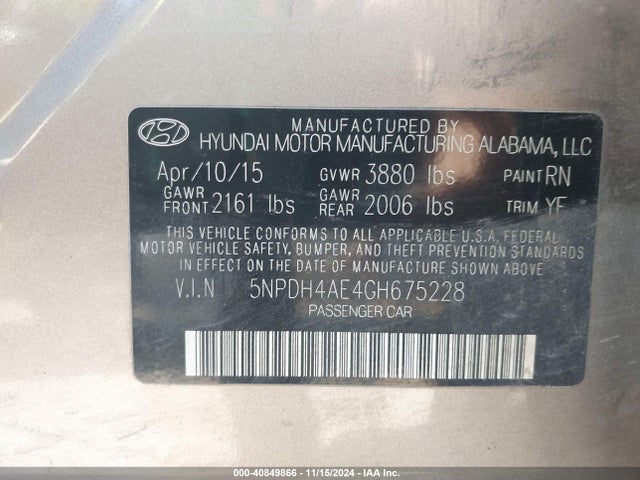 Hyundai ELANTRA SE 2016 5NPDH4AE4GH675228 Image 9