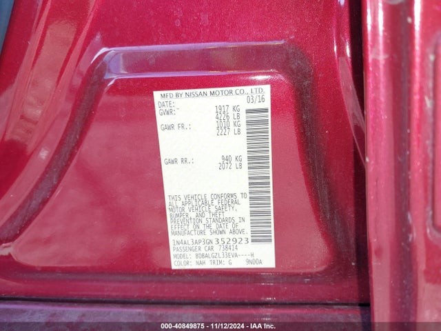 Nissan Altima 2.5 S 2016 1N4AL3AP3GN352923 Image 9