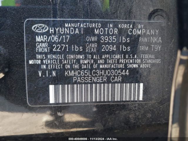 KMHC65LC3HU030544 Hyundai Ioniq Hybrid Blue