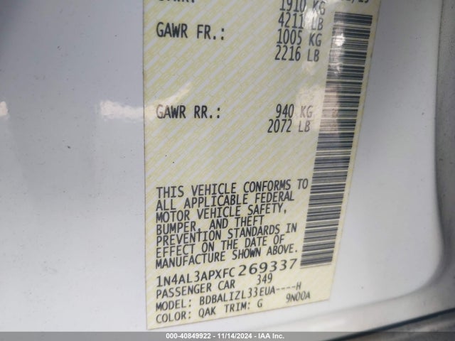 Nissan Altima 2.5 Sv 2015 1N4AL3APXFC269337 Image 9