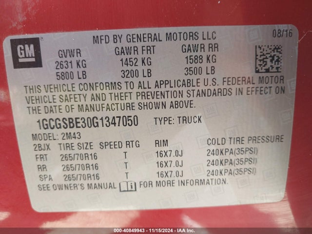 Chevrolet Colorado Wt 2016 1GCGSBE30G1347050 Image 9
