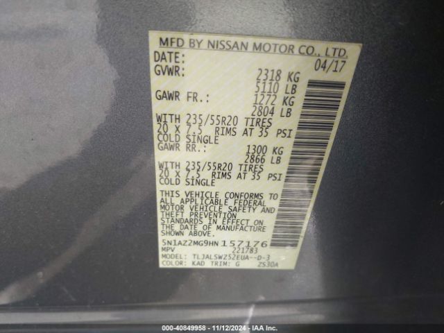 5N1AZ2MG9HN157176 Nissan Murano Platinum