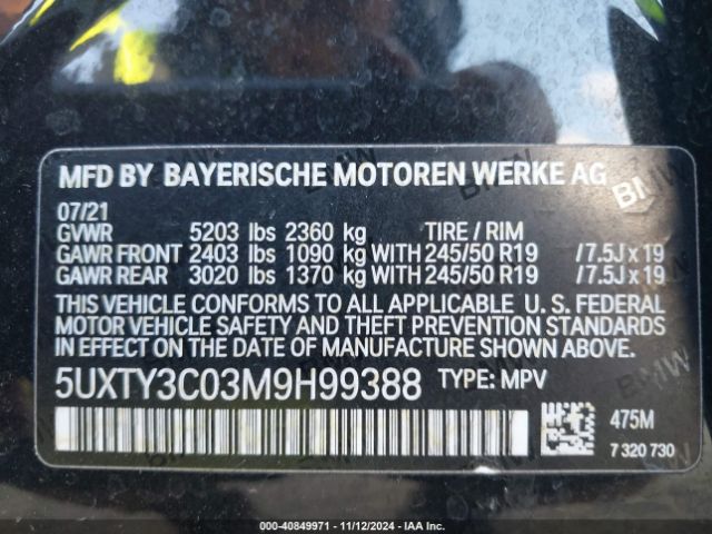 5UXTY3C03M9H99388 BMW X3 Sdrive30i