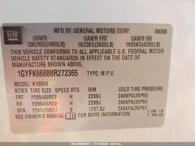 2008 CADILLAC ESCALADE ESV 1GYFK66888R272365 Photo 8