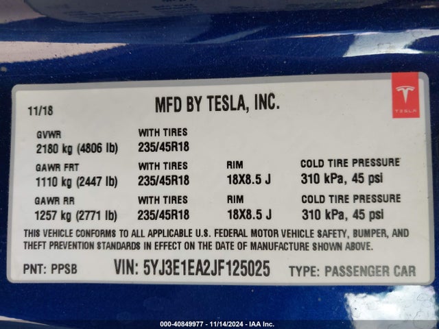 2018 TESLA MODEL 3 5YJ3E1EA2JF125025 Photo 8