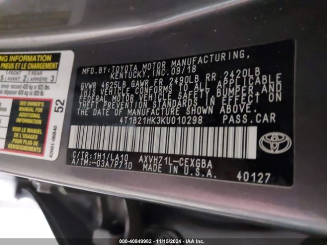 4T1B21HK3KU010298 Toyota Camry Hybrid Xle