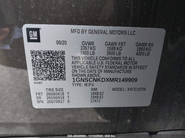 Chevrolet Tahoe 2wd Lt 2021 1GNSCNKDXMR149909 Image 9