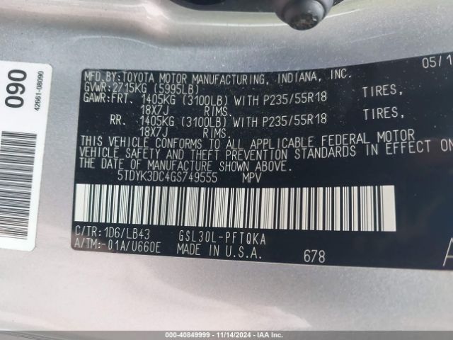 5TDYK3DC4GS749555 Toyota Sienna Limited 7 Passenger