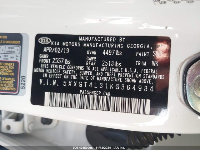 Продажа на аукционе авто 2019 Kia Optima Lx, vin: 5XXGT4L31KG364934, номер лота: 40850096