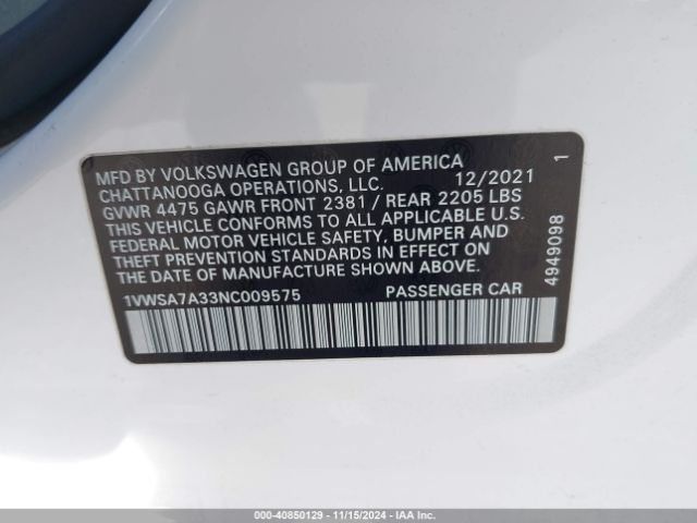 1VWSA7A33NC009575 Volkswagen Passat 2.0t Se