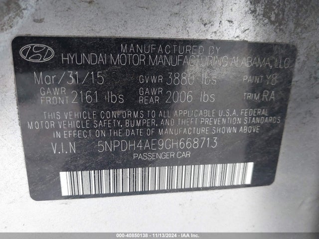Hyundai Elantra Limited 2016 5NPDH4AE9GH668713 Image 9