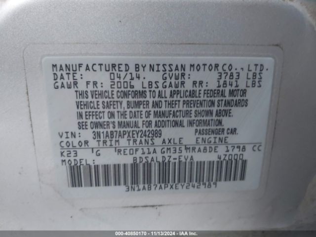 3N1AB7APXEY242989 Nissan Sentra Fe+ S/fe+ Sv/s/sl/sr/sv