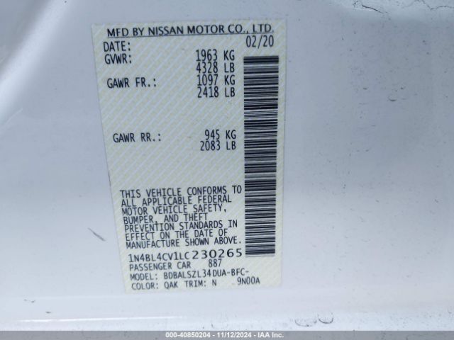1N4BL4CV1LC230265 Nissan Altima Sr Fwd