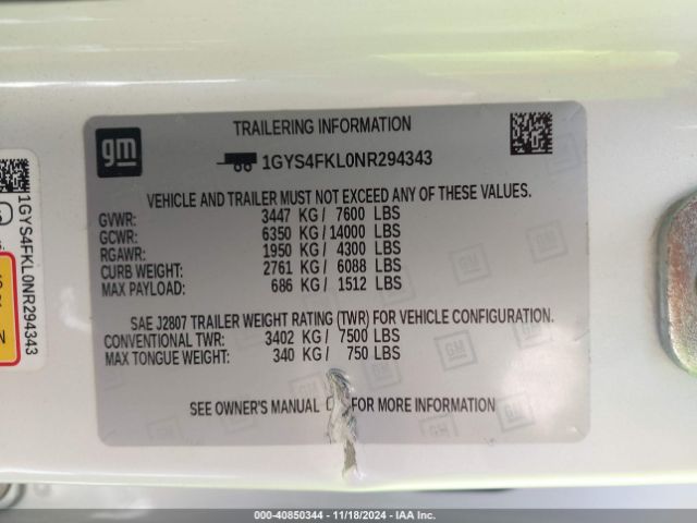 1GYS4FKL0NR294343 Cadillac Escalade 4wd Sport