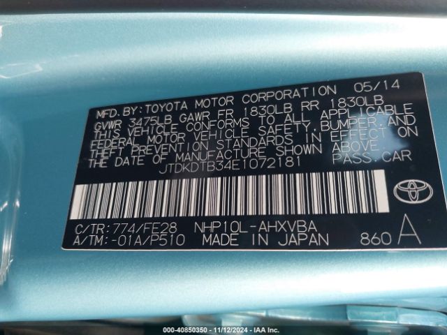 JTDKDTB34E1072181 Toyota Prius C One