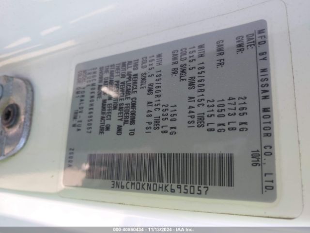 3N6CM0KN0HK695057 Nissan Nv200 S/sv