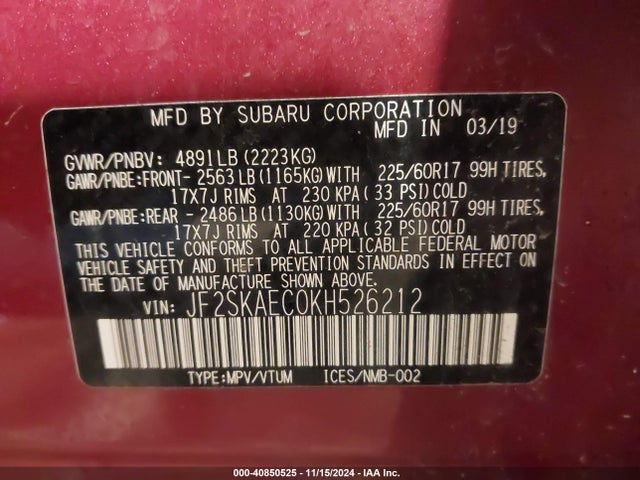 JF2SKAEC0KH526212 Subaru Forester Premium