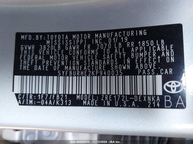 Toyota COROLLA LE 2019 5YFBURHE2KP940035 Image 9