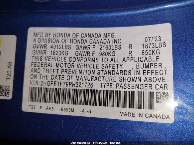 Honda Civic Ex /ex W/o Bsi 2023 2HGFE1F79PH321726 Image 9
