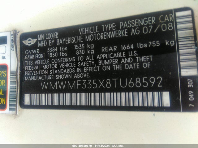 2008 MINI COOPER WMWMF335X8TU68592 Photo 8