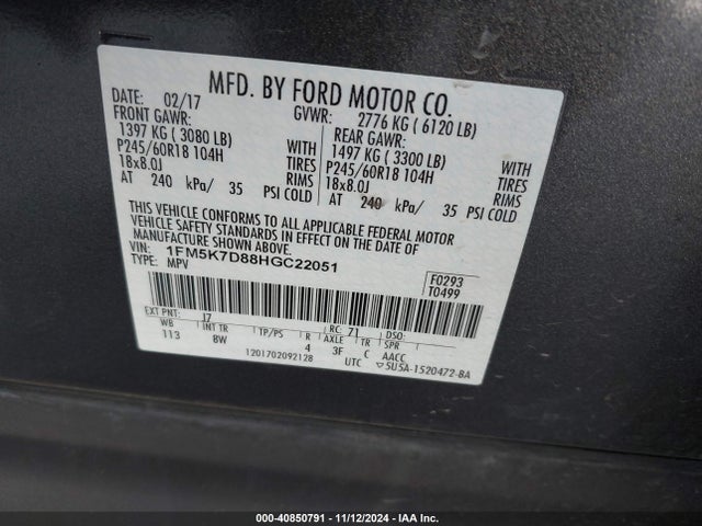 Ford EXPLORER XLT 2017 1FM5K7D88HGC22051 Image 9