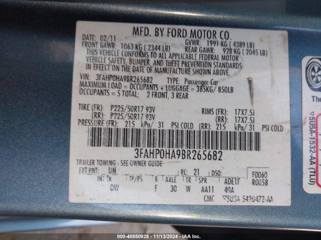 2011 Ford Fusion Se მანქანა იყიდება აუქციონზე, vin: 3FAHP0HA9BR265682, აუქციონის ნომერი: 40850928