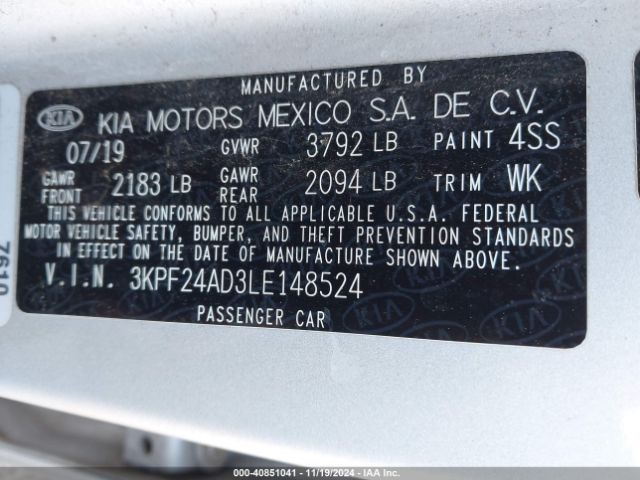 3KPF24AD3LE148524 KIA Forte Lxs