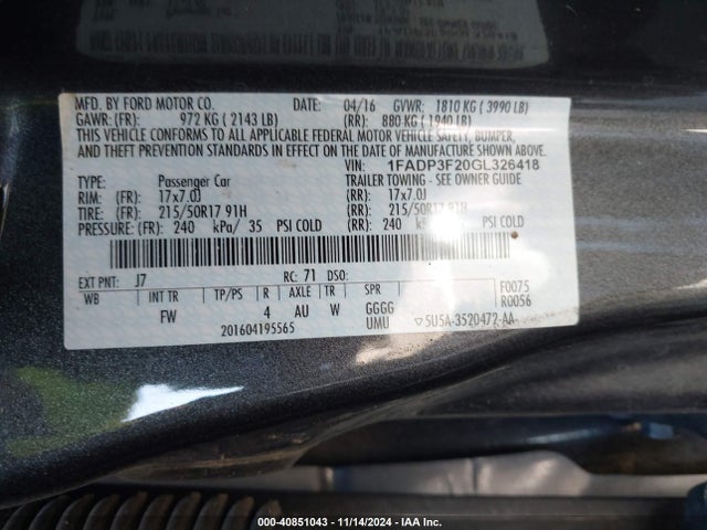 Ford FOCUS SE 2016 1FADP3F20GL326418 Image 9
