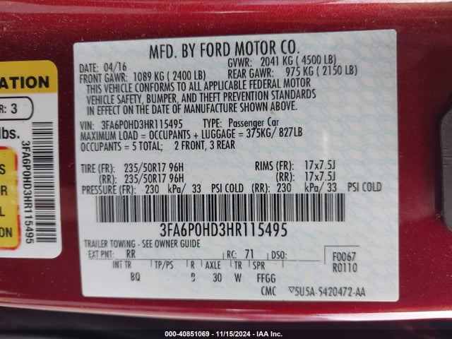 Ford FUSION SE 2017 3FA6P0HD3HR115495 Image 9