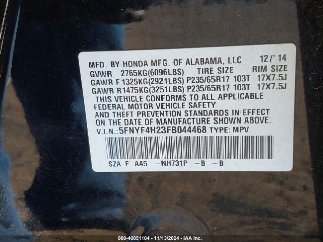 5FNYF4H23FB044468 Honda PILOT LX