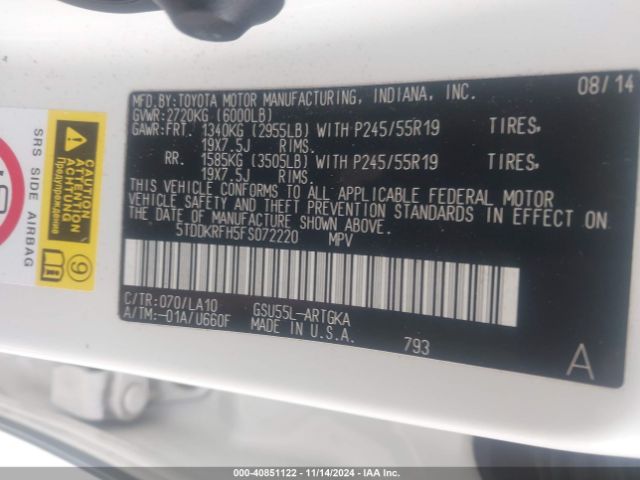 5TDDKRFH5FS072220 Toyota Highlander Limited V6