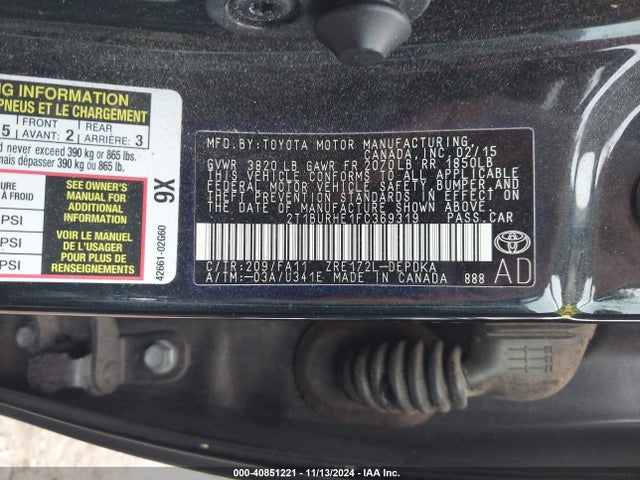 Toyota COROLLA L 2015 2T1BURHE1FC369319 Image 9