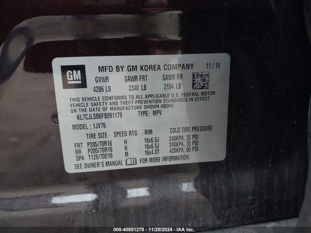 KL7CJLSB6FB091179 Chevrolet Trax Lt
