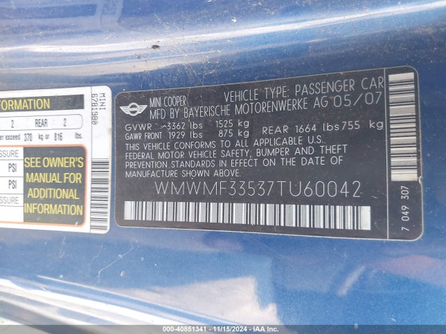 2007 MINI COOPER WMWMF33537TU60042 Photo 8