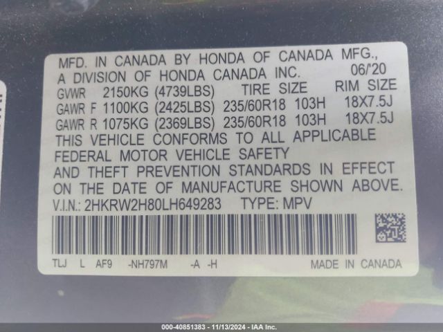 2HKRW2H80LH649283 Honda Cr-v Awd Ex-l