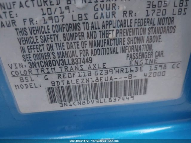 3N1CN8DV3LL837449 Nissan Versa S Xtronic Cvt
