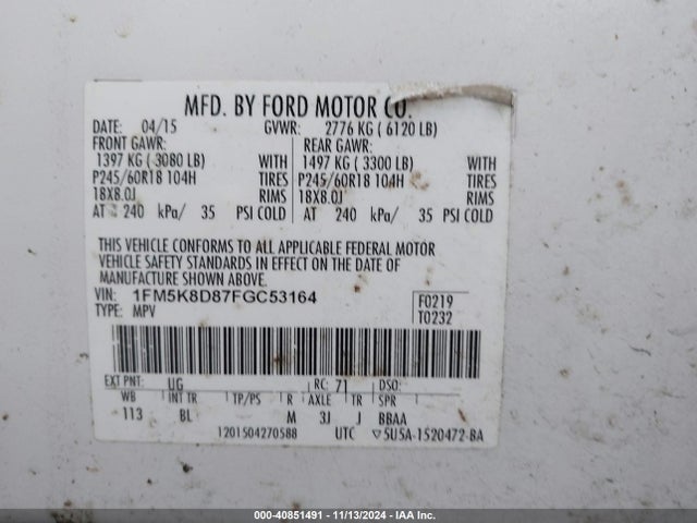 Ford EXPLORER XLT 2015 1FM5K8D87FGC53164 Image 9