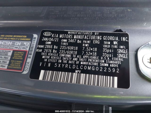 5XYRLDLC0MG022592 KIA SORENTO S
