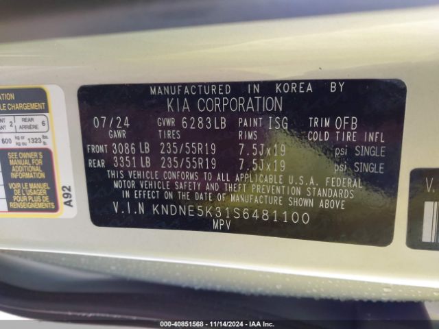 KNDNE5K31S6481100 KIA Carnival Mpv Sx Prestige
